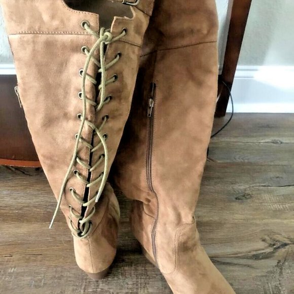 Womens Size 9 Wide Over the Knee Foldable Cuff Tan Rust Lace Up Faux Suede Boots - Picture 2 of 4